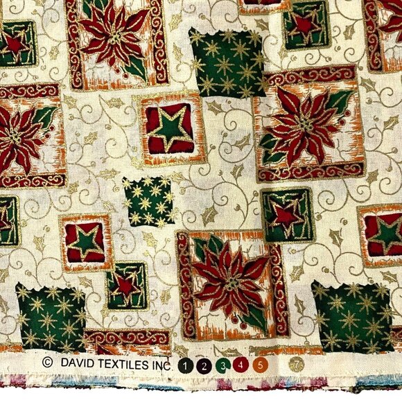 David Textiles Christmas Fabric Remnant 72" x 42" Poinsettia Holly Leaves Stars - Picture 1 of 4